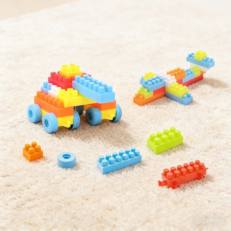 Colorful 150-piece toddler building blocks set with vehicles, promoting STEM learning and creativity for ages 3 and up.