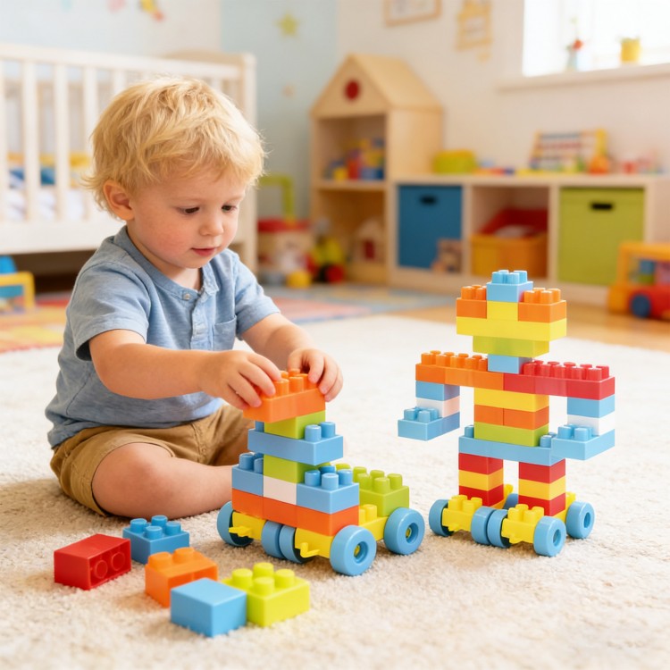 Toddler building blocks set with 150 colorful pieces, including wheels for vehicle creation and STEM learning fun.