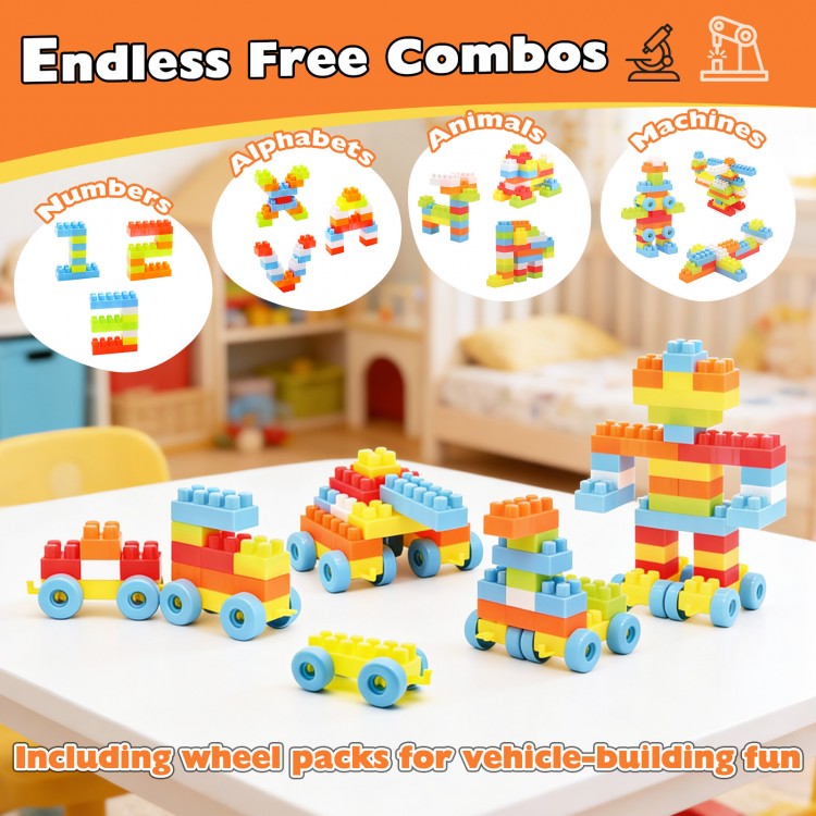 Colorful 150 pcs toddler building blocks set with wheels for creative vehicle-building and STEM learning fun.