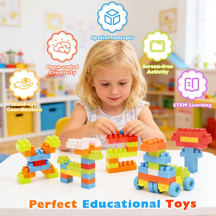 Colorful 150 pcs toddler building blocks set for STEM learning and open-ended creativity, perfect for ages 3 and up.