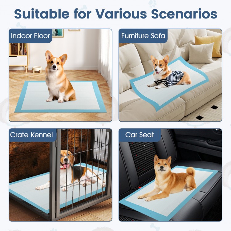 Pet wee pee piddle pads in various scenarios, featuring soft non-woven fabric for indoor and car seat protection.