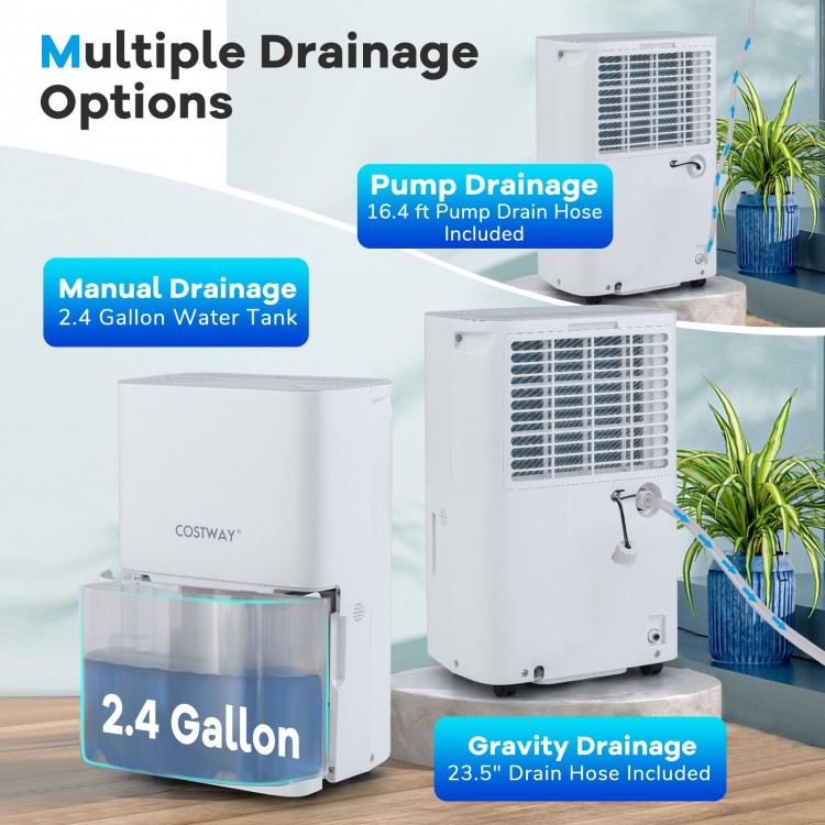 150 Pints dehumidifier showcasing three drainage options: manual, pump, and gravity for versatile moisture control.