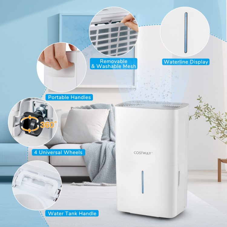 150 pints dehumidifier with LED display, portable handles, and 360° wheels for easy mobility in any room.
