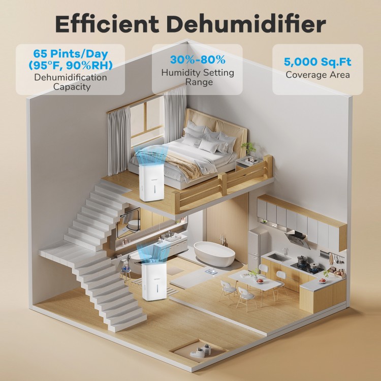 150 pints dehumidifier with LED display, 24-hour timer, and large water tank for efficient humidity control in 5,000.