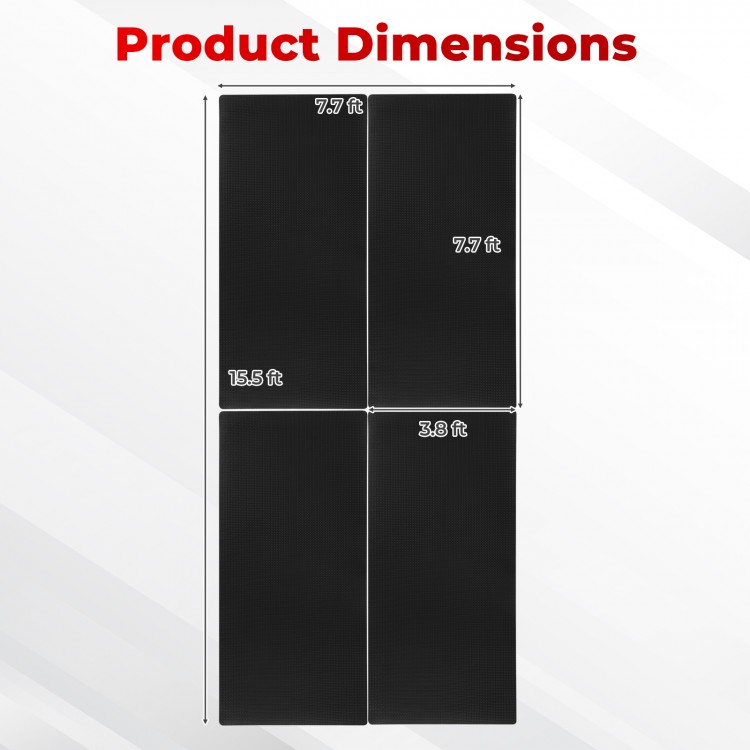 Product dimensions of 15.5 x 7.7 FT garage tool mats, showing four sections with a total coverage area for versatile.