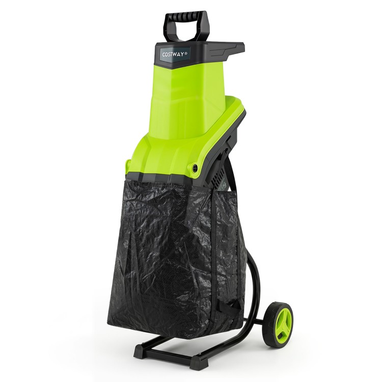 Electric wood chipper shredder in green with 15A motor, 1.8-inch cutting capacity, and 13.2-gallon collection bag for efficient mulching.