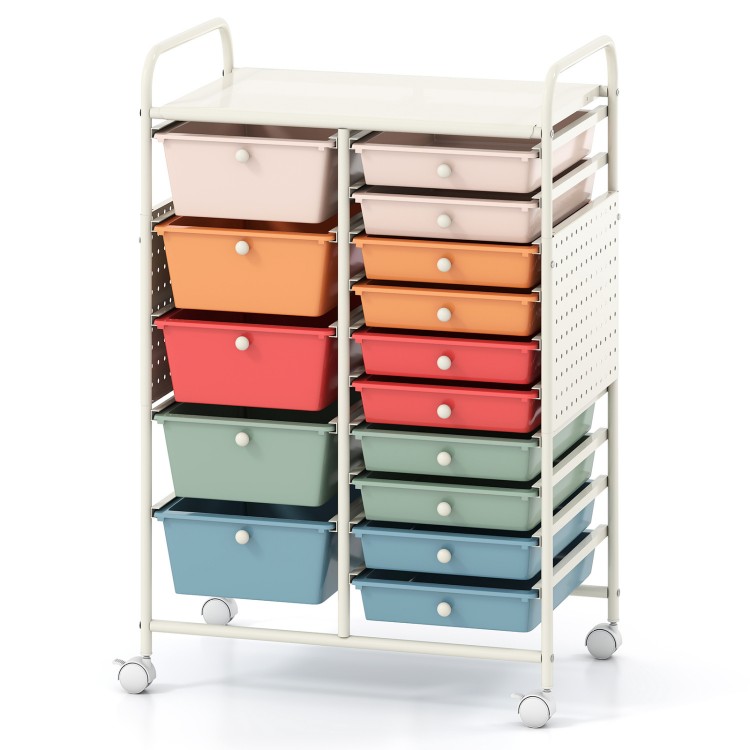 Rolling storage cart featuring a robust metal frame, 15 colorful drawers, and a convenient pegboard for efficient.
