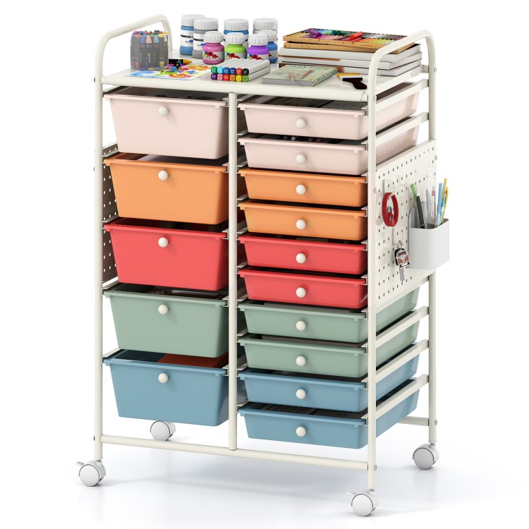 15-drawer rolling storage cart in macaron colors with metal tabletop and pegboard, perfect for organizing various items.