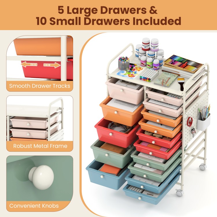 15-drawer rolling storage cart with metal tabletop, featuring 5 large and 10 small drawers for versatile organization.