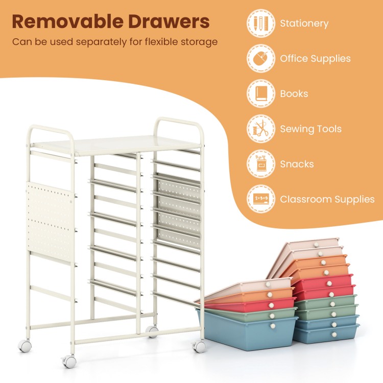 15-drawer rolling storage cart with metal tabletop, pegboard, and removable drawers for versatile organization in any.