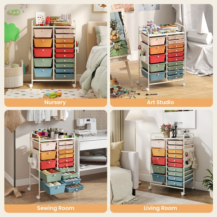 15-drawer rolling storage cart with metal tabletop and pegboard, ideal for organizing in nurseries, studios, and more.
