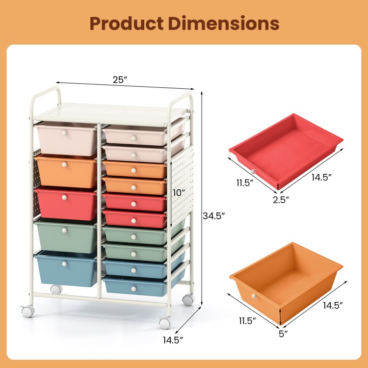 15-drawer rolling storage cart in macaron colors with metal tabletop and pegboard, ideal for versatile organization.