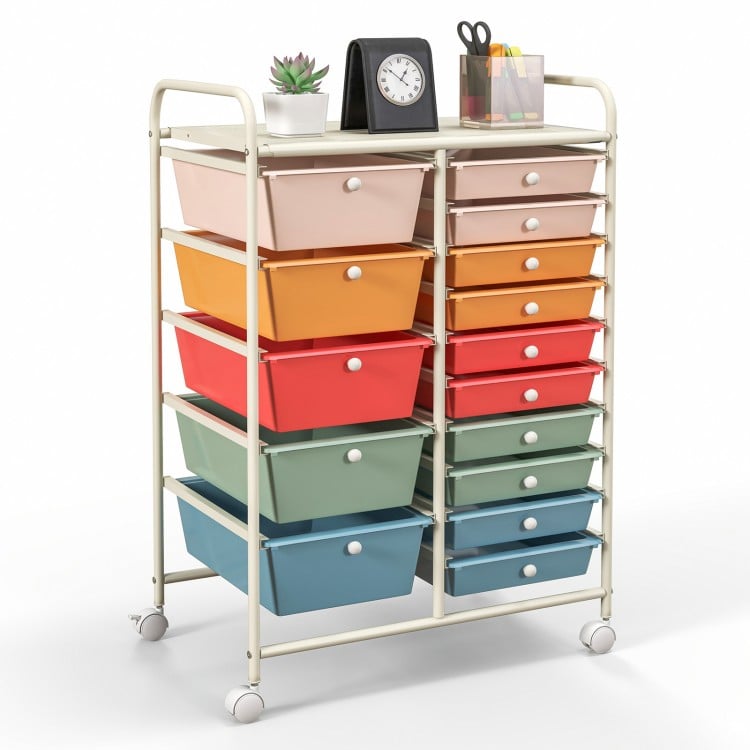 15-drawer utility rolling organizer cart with multicolor plastic drawers and metal frame, ideal for home or office.