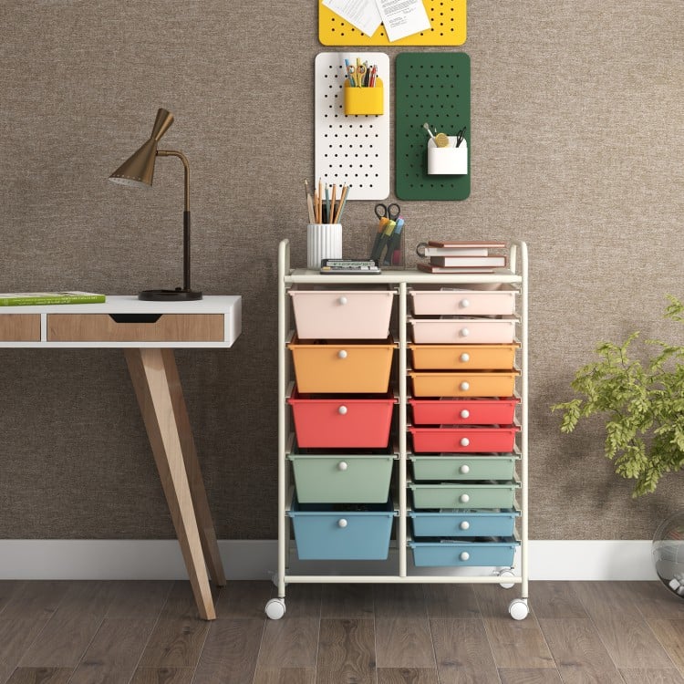 15-drawer utility rolling organizer cart in deep multicolor with a metal frame, ideal for home or office storage.