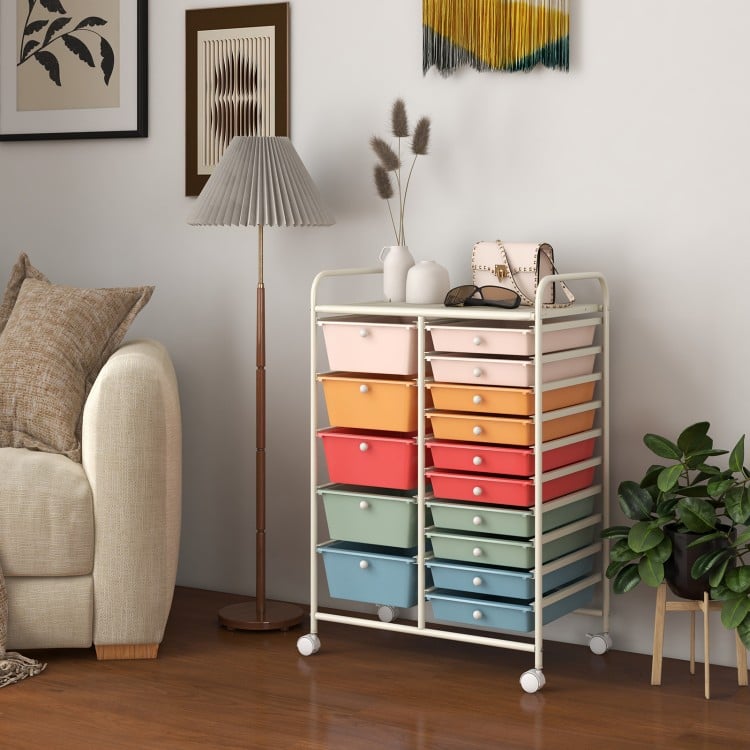 15-drawer utility rolling organizer cart showcasing colorful drawers, designed for easy mobility and efficient storage.