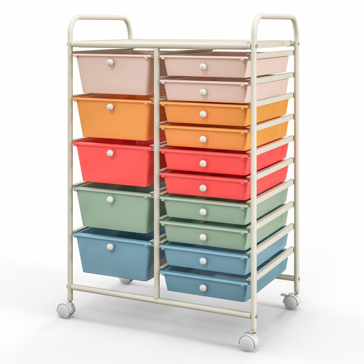 15-drawer utility rolling organizer cart in deep multicolor with metal frame and wheels, ideal for home or office.