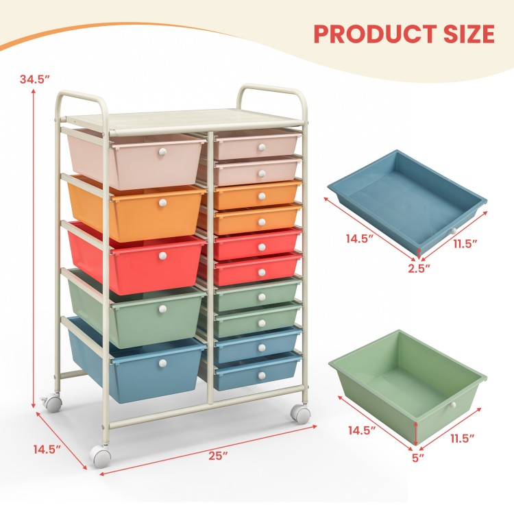 15-drawer utility rolling organizer cart with multicolor plastic drawers and metal frame, ideal for home and office.