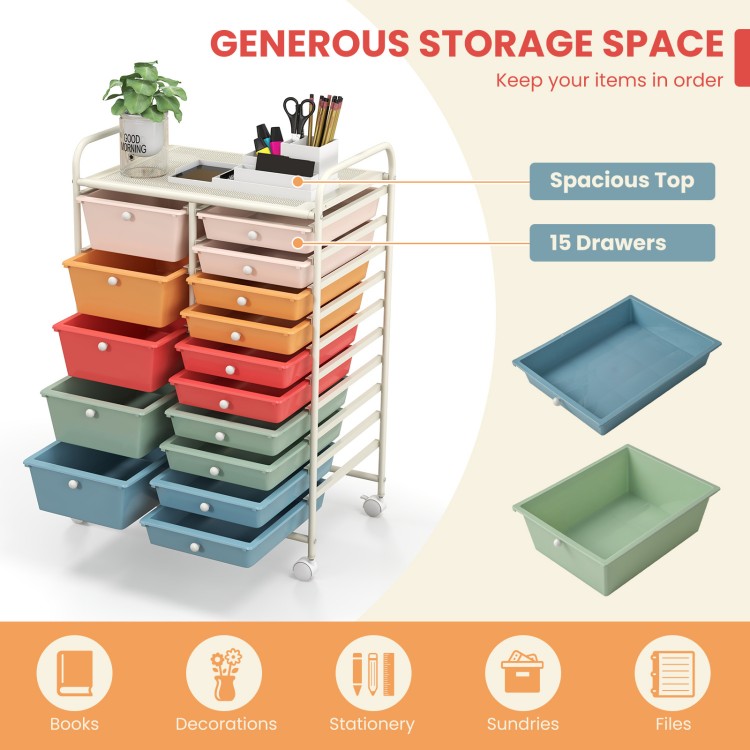 15-drawer utility rolling organizer cart in multicolor with spacious top, ideal for home or office storage.