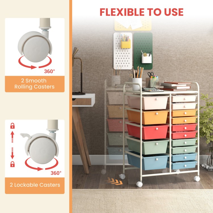 15-drawer utility rolling organizer cart with multicolor drawers, metal frame, and smooth rolling casters for versatile.