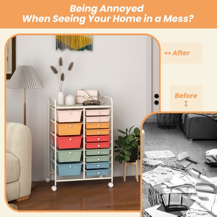 15-drawer utility rolling organizer cart in deep multicolor with metal frame, ideal for home or office storage.