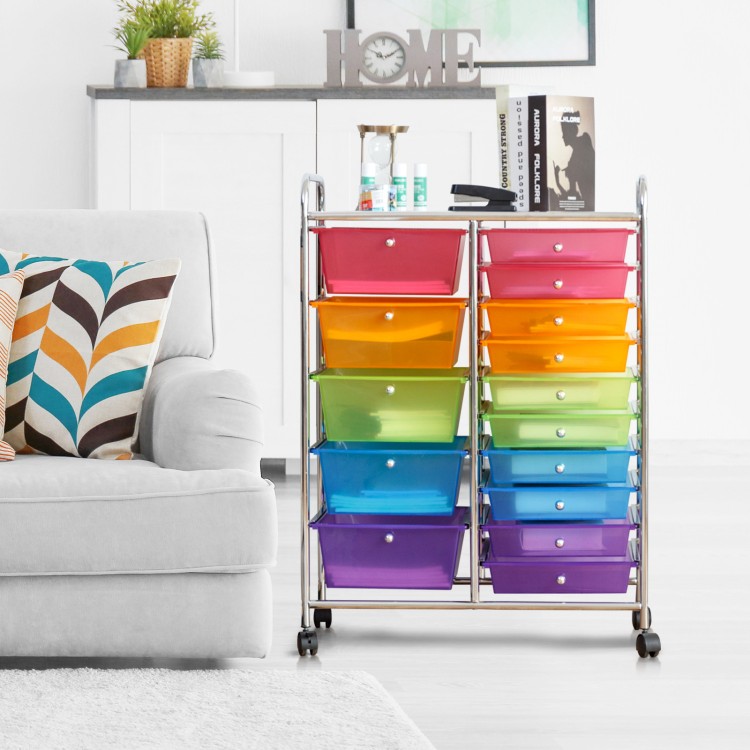 15-drawer rolling storage cart with multicolor transparent drawers, ideal for home or office organization and easy.