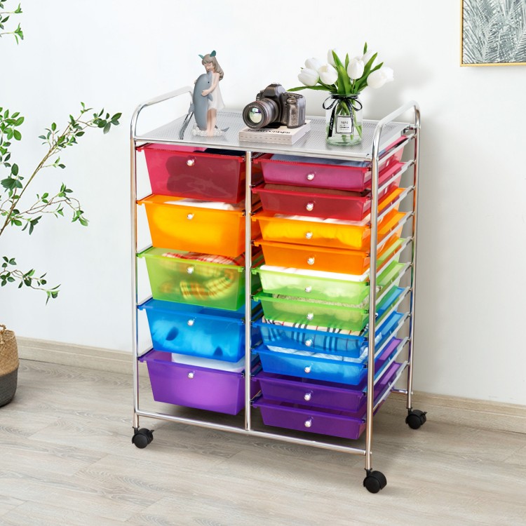 15-drawer rolling storage cart with multicolor transparent drawers, metal frame, and wheels for easy mobility and.