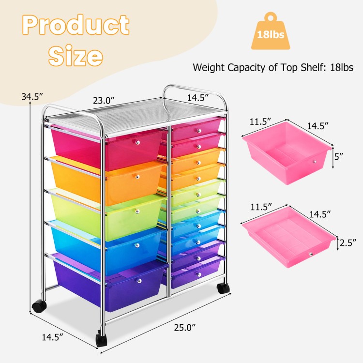 15-drawer rolling storage cart with multicolor transparent drawers, metal frame, and wheels for easy mobility in any.