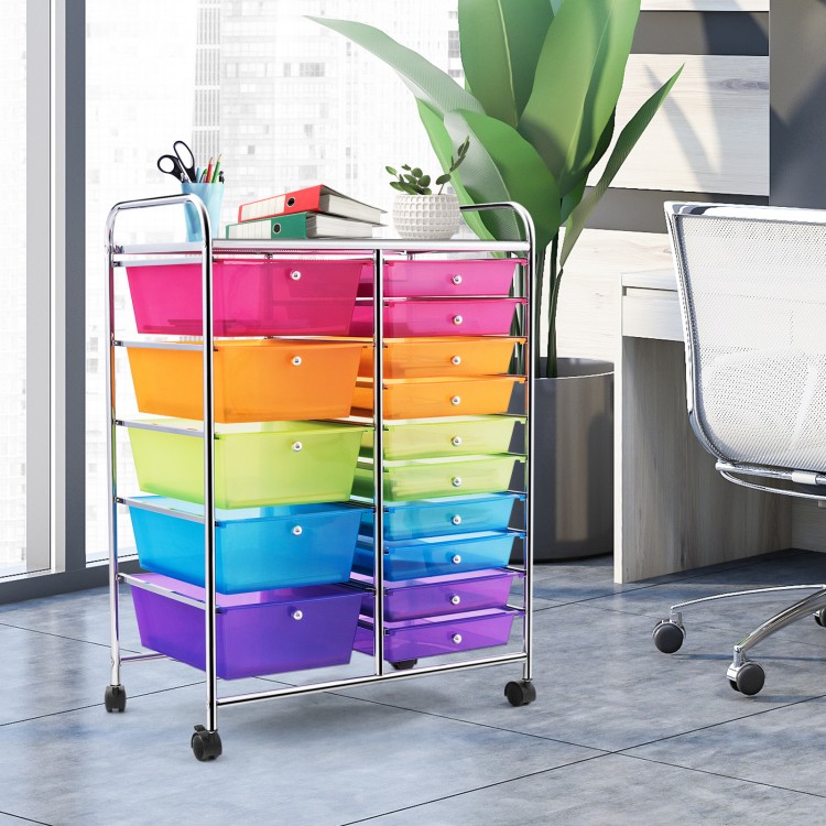 15-drawer rolling storage cart with multicolor transparent drawers, ideal for home or office organization.