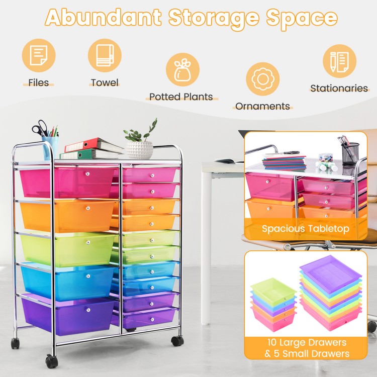 15-drawer rolling storage cart with transparent multicolor bins, ideal for organizing home, office, or school supplies.