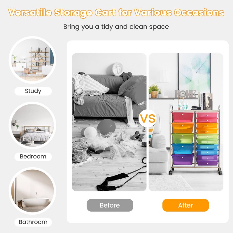 15-drawer rolling storage cart organizer with multicolor drawers, ideal for home and office organization.