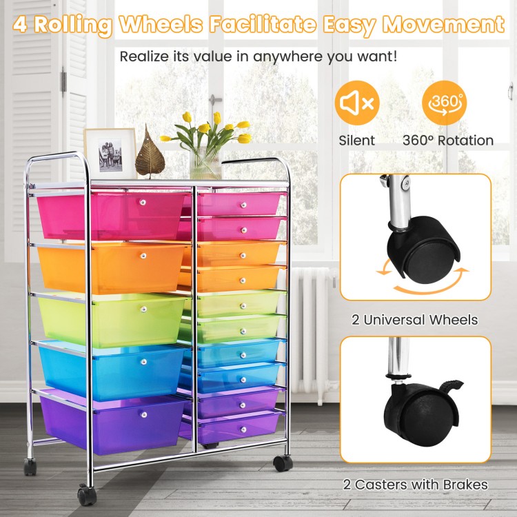 15-drawer rolling storage cart with multicolor transparent drawers and 4 wheels for easy mobility in home or office.