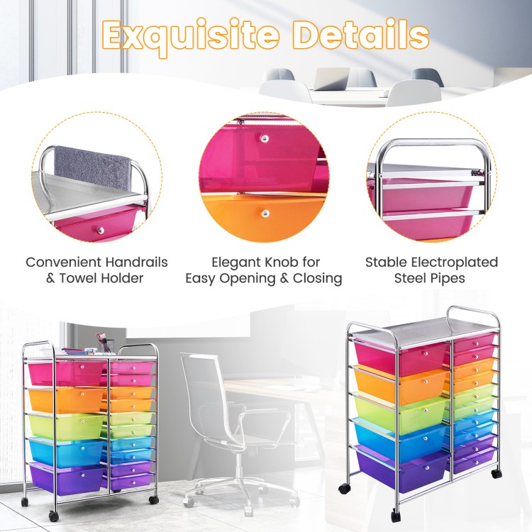 15-drawer rolling storage cart with transparent multicolor drawers, metal frame, and convenient handles for easy.