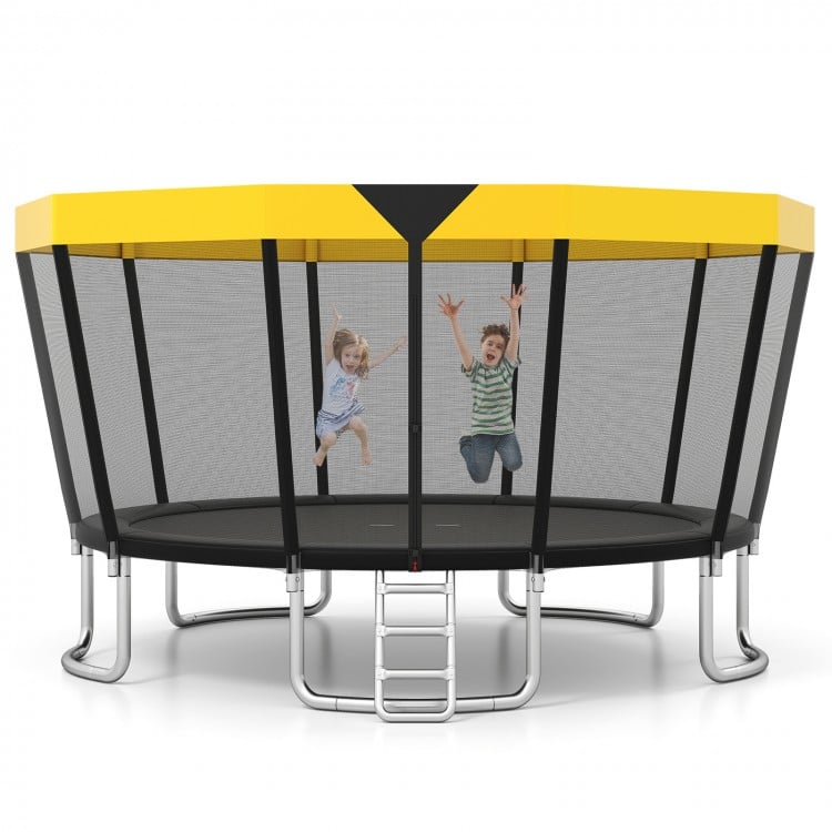 15 FT outdoor trampoline with yellow top, featuring a strong enclosure net and non-slip ladder for safe play.