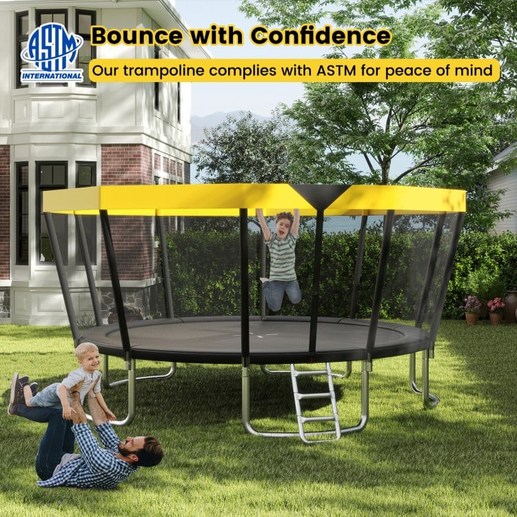 15 FT outdoor trampoline with yellow safety net and non-slip ladder, ASTM compliant for safe recreational fun.
