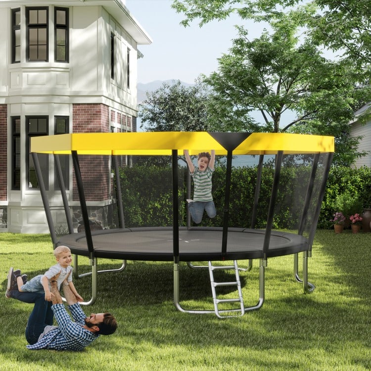 15 FT outdoor trampoline with children playing, featuring a yellow top, strong enclosure, and sturdy ladder for family.