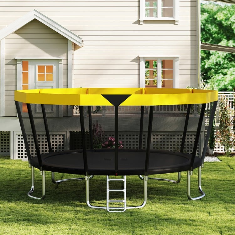 15 FT outdoor trampoline with yellow safety enclosure, non-slip ladder, and sturdy frame for safe recreational use.