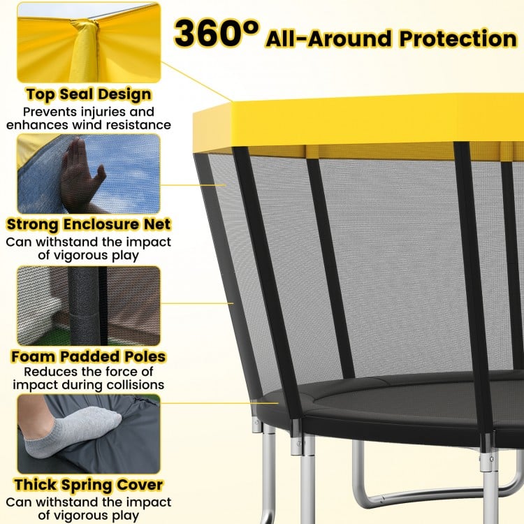 15 FT outdoor trampoline with strong enclosure net and foam padded poles for safety during vigorous play.