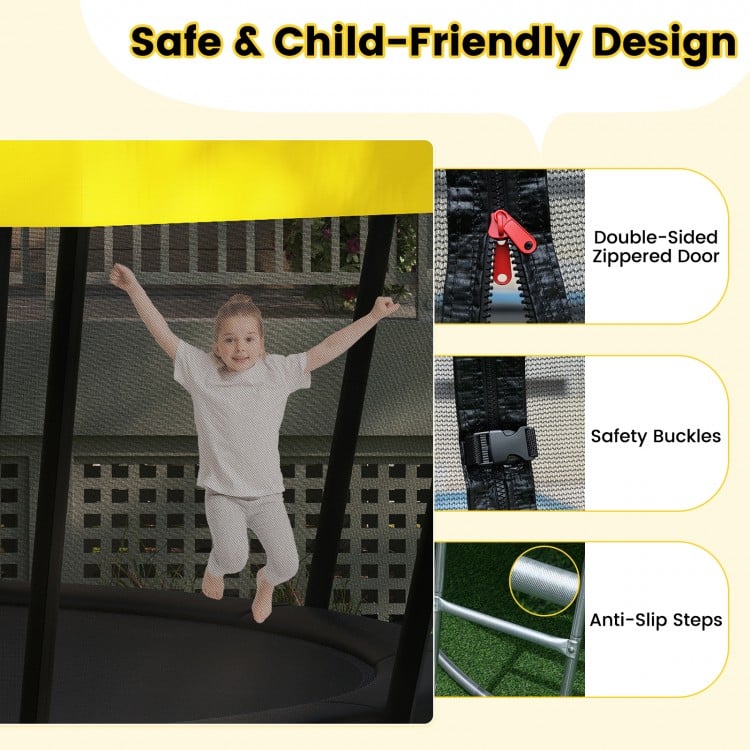 15 FT outdoor trampoline featuring a double-sided zippered door, safety buckles, and anti-slip steps for child safety.