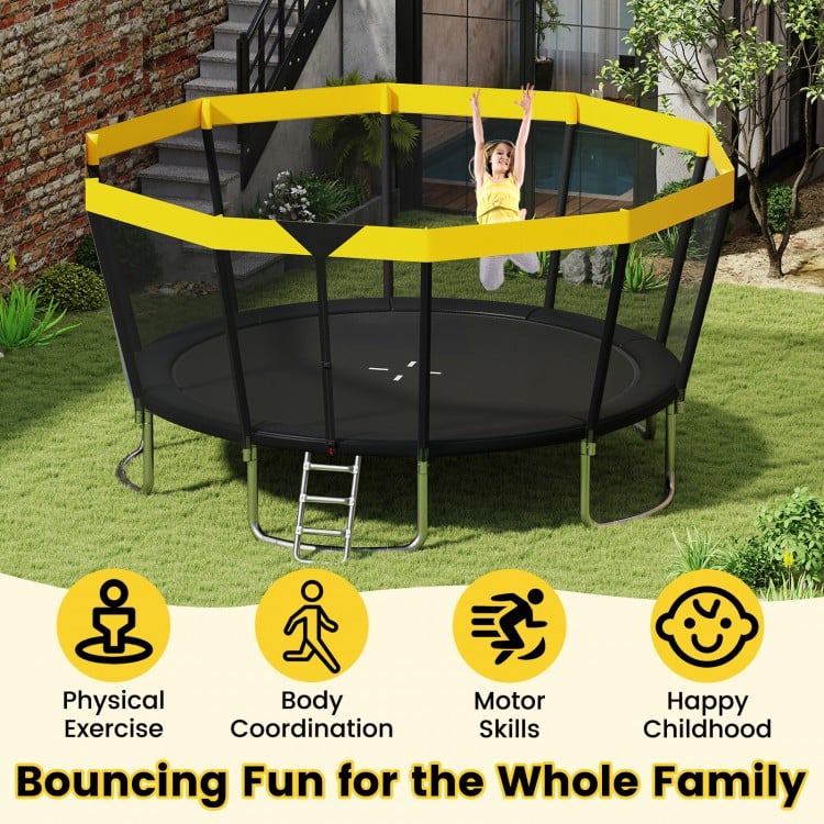 15 FT outdoor trampoline with yellow accents, featuring a strong enclosure net and non-slip ladder for safe family fun.