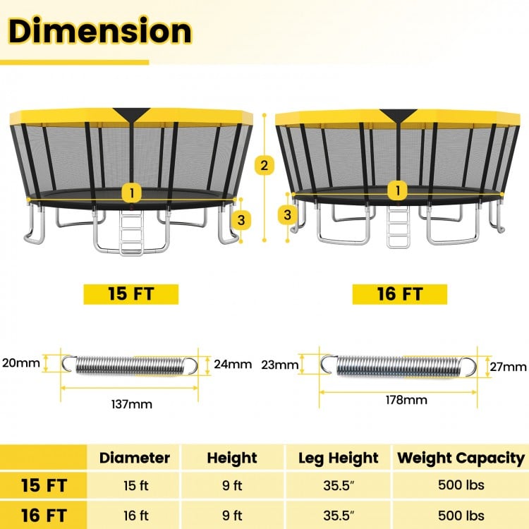 15 FT outdoor trampoline with yellow top seal design, safety enclosure net, and non-slip ladder for recreational use.
