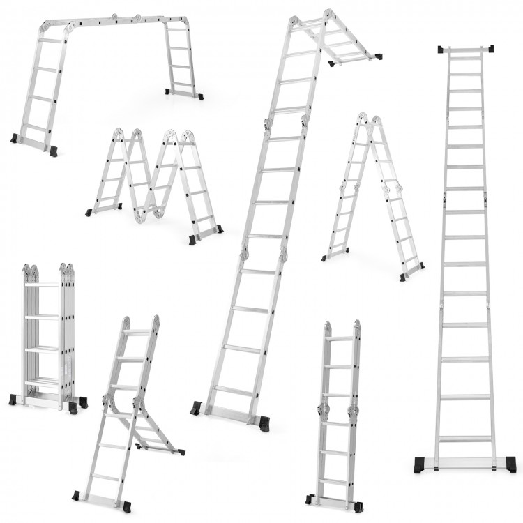 Folding aluminum ladder in various configurations, supporting 330 lbs, with anti-slip rungs for safety and easy.