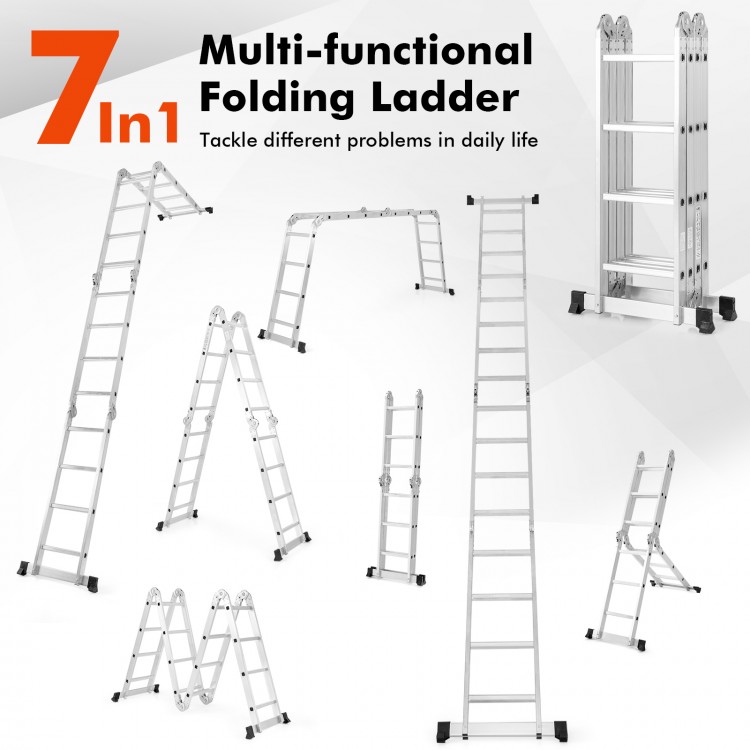 15 feet folding aluminum ladder in multiple configurations, featuring anti-slip rungs and a safe locking hinge for.