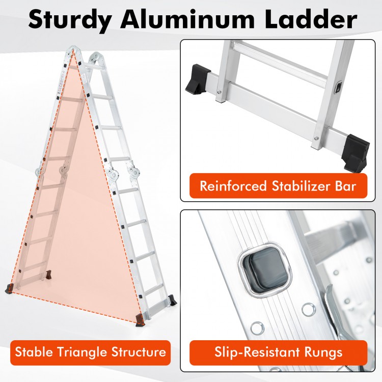 Folding 15 feet aluminum ladder with anti-slip rungs and reinforced stabilizer bar for safe and stable use.