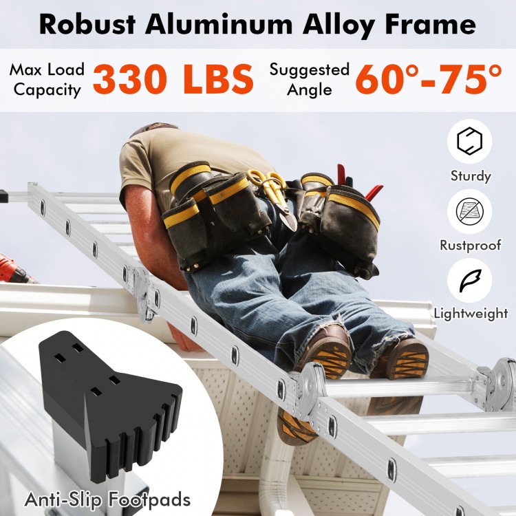 15 feet folding aluminum ladder with anti-slip rungs, supporting 330 lbs, shown in use with a sturdy locking hinge.