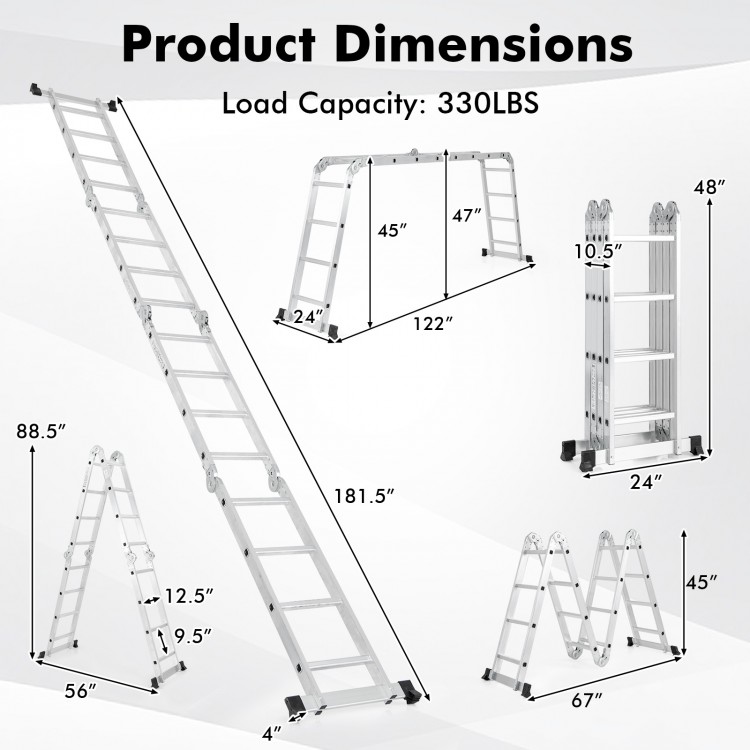 Folding aluminum ladder dimensions showing 7 configurations, durable design, and 330 lbs load capacity for versatile.