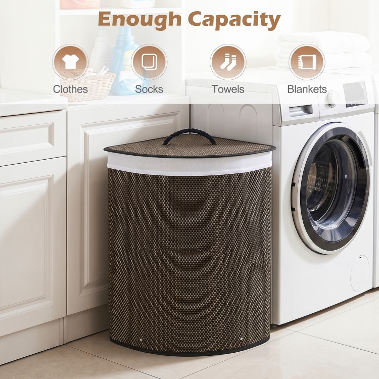 Bamboo laundry hamper with removable liner, 15-gal capacity, perfect for clothes and towels, designed for easy storage.