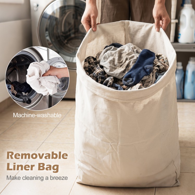 Bamboo laundry hamper with removable liner bag, 15-gal capacity, perfect for easy cleaning and space-saving storage.