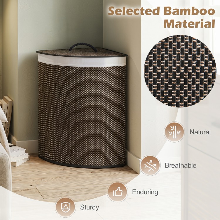 Bamboo laundry hamper with removable liner, 15-gal capacity, sturdy design, perfect for bedrooms and laundry rooms.