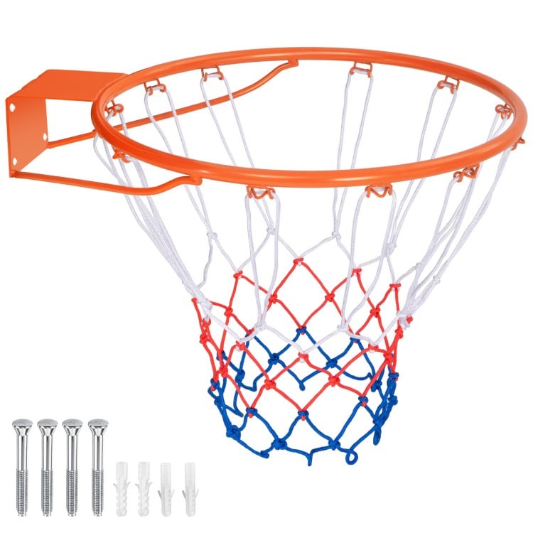 15-inch basketball rim in orange with all-weather net and mounting hardware for indoor or outdoor play.