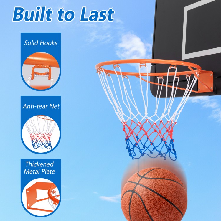 15-inch basketball rim in orange with all-weather net and heavy-duty hooks, ideal for indoor or outdoor play.